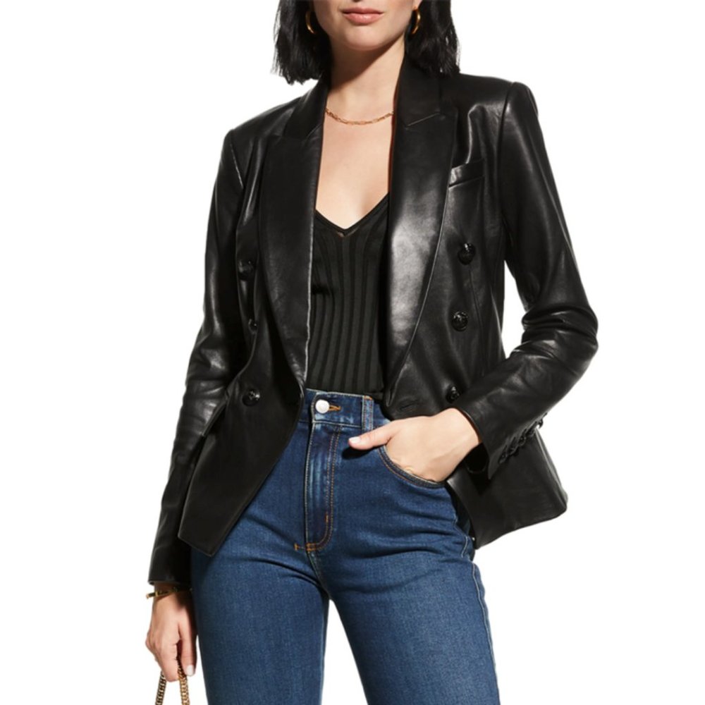 L'AGENCE Kenzie Black Leather Double Breasted Blazer Jacket - Size 6